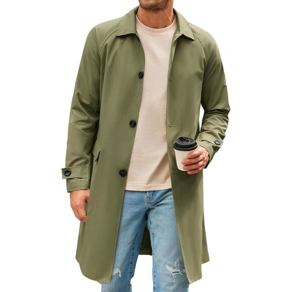 Men Green Long Trench Coat Slim Fit Single Breasted Windbreaker